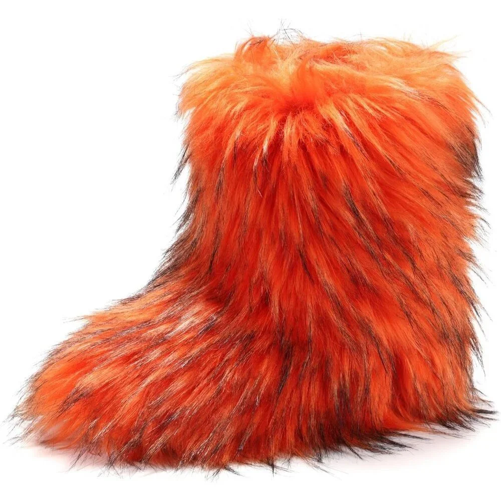 Women's Orange Round Toe Suede Snow Winter Comfy Plush Warm Short Mid-calf Boots